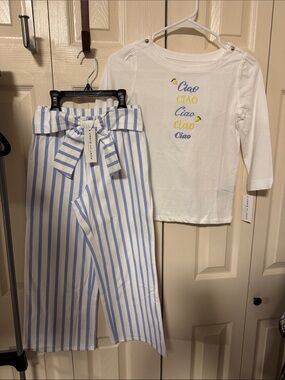Janie and Jack Girls' White Ciao Top & Blue Stripe Tie-Waist Pants Set size 10